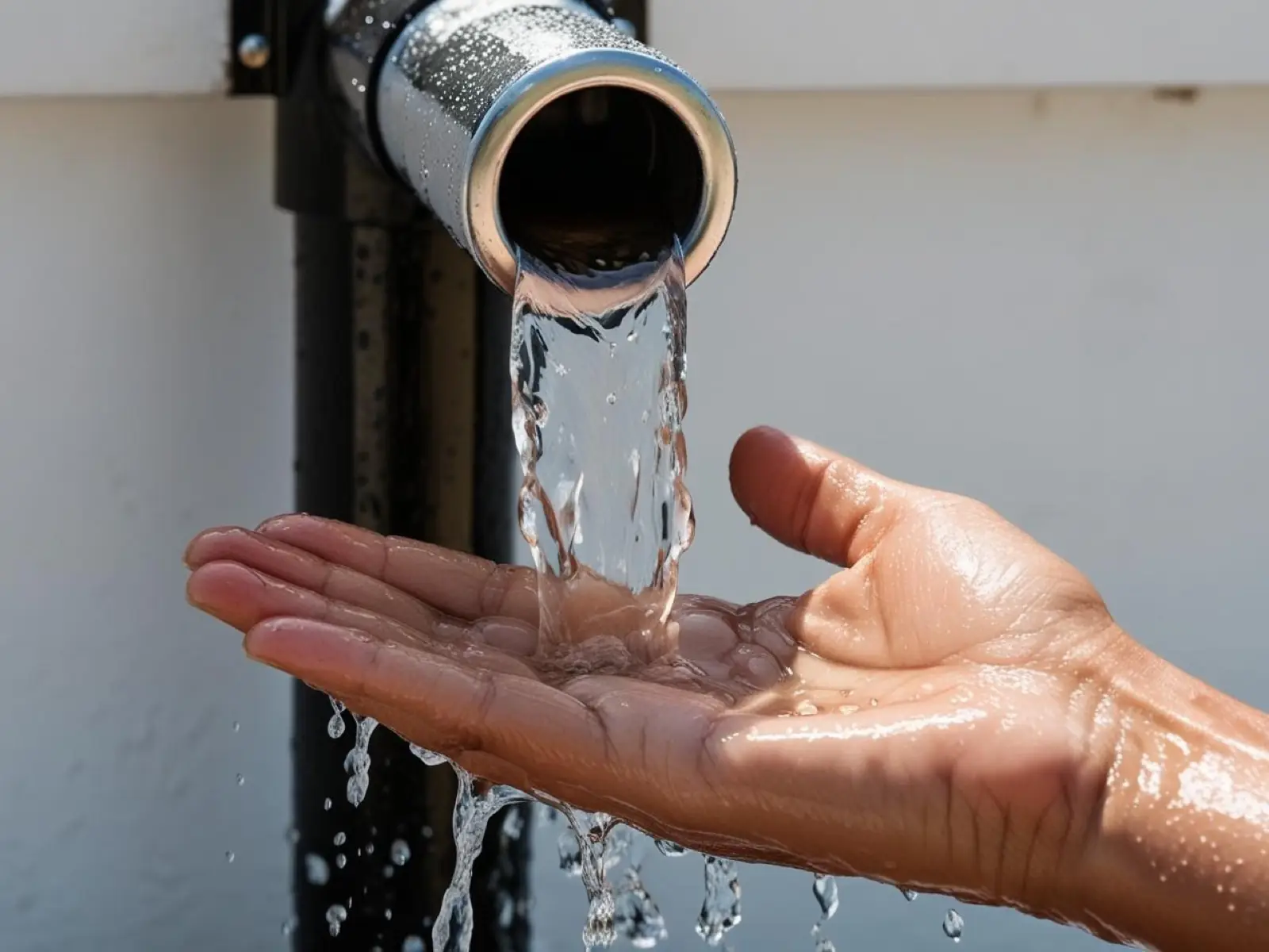 Clean water runs from a tube well into a person's cupped hands